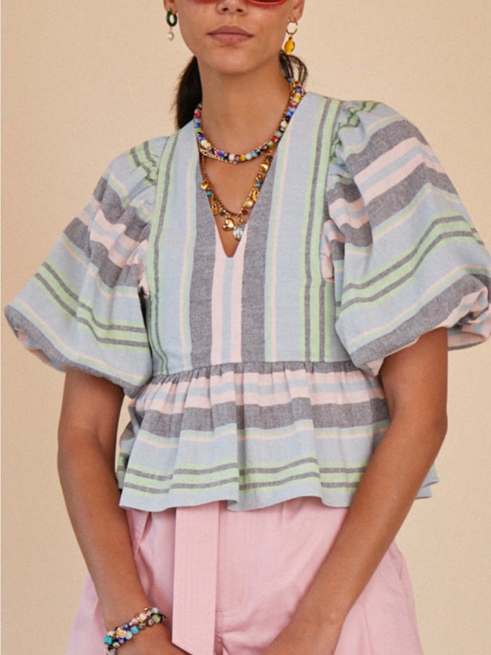 HUNTER BELL Pastel Striped Puff-Sleeve Peplum Blouse in Mint, Pink & Gray